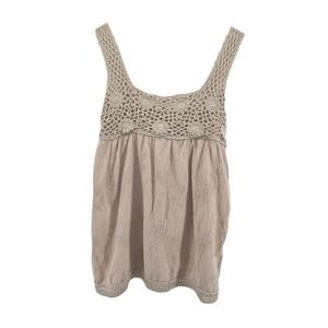 Y2K ANGIE Womens Crochet Babydoll Top Beige Floral Embroidered Tank SM Boho Chic